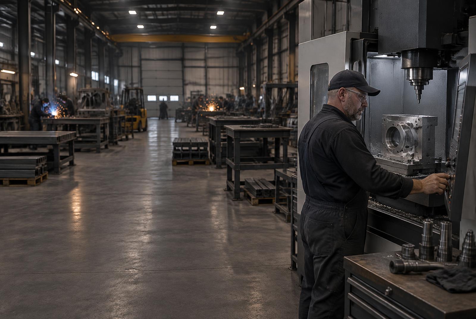 Machinist operating CNC equipment in a large fabrication shop