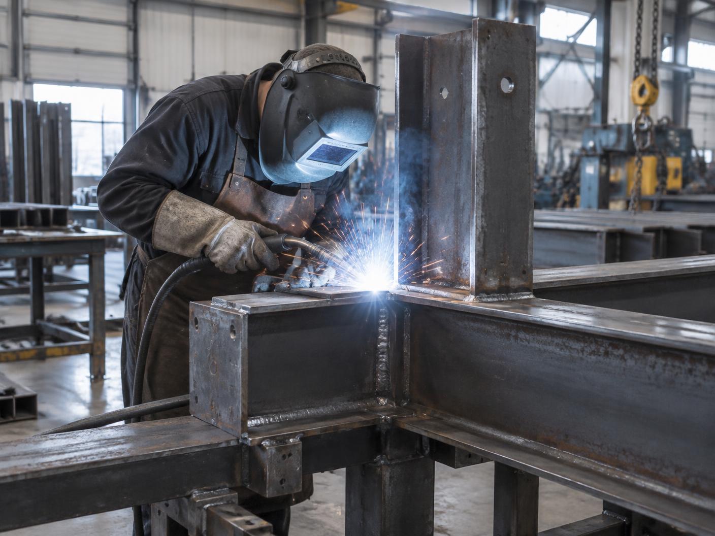 Welder fabricating a structural steel assembly
